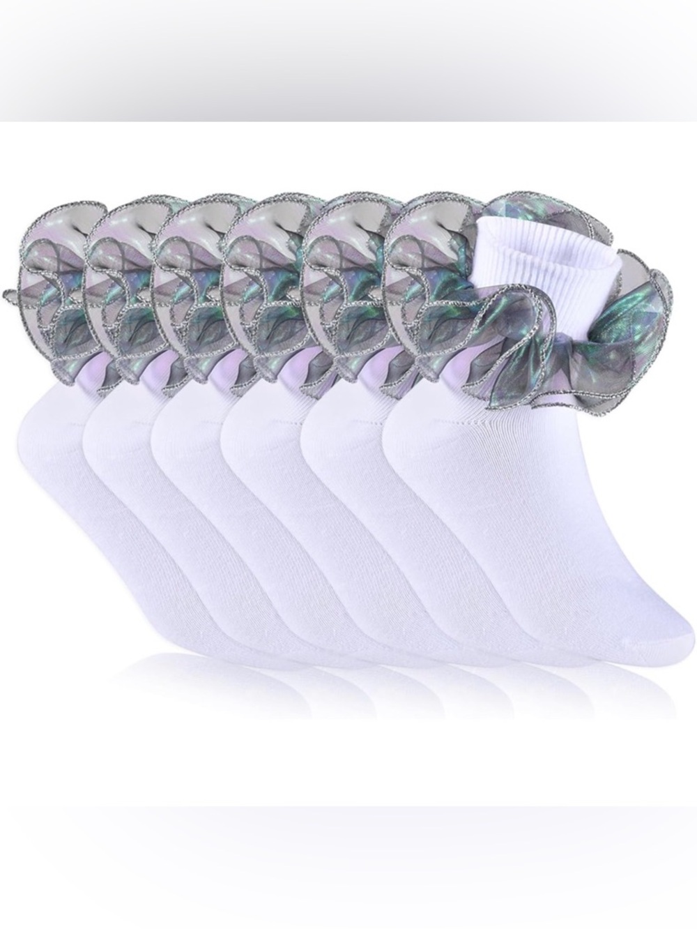 Girls Ruffle Socks Medium 6 Pair White Lace Bow Dress Socks Kids